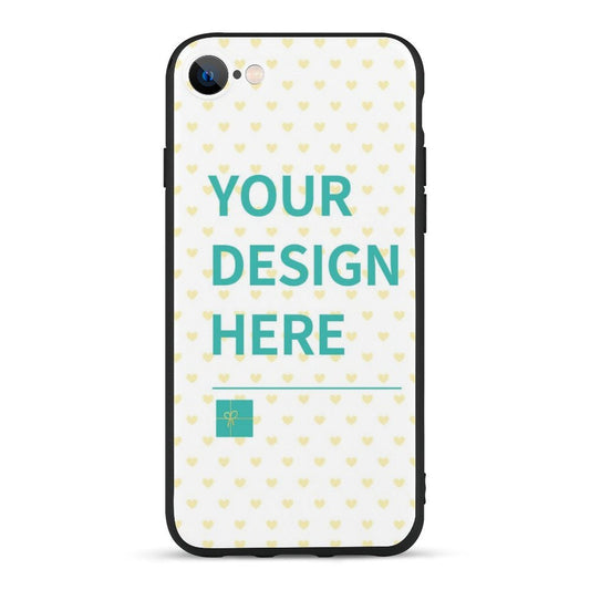 Custom iPhone SE case with heart pattern, 'YOUR DESIGN HERE', TPU material, promoting affordable personalization.