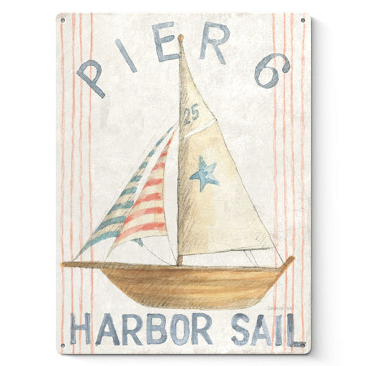 Floursack Nautical VII Tin Sign. Pier 6, Harbor Sail metal sign, sailboat art, beach decor, made in USA