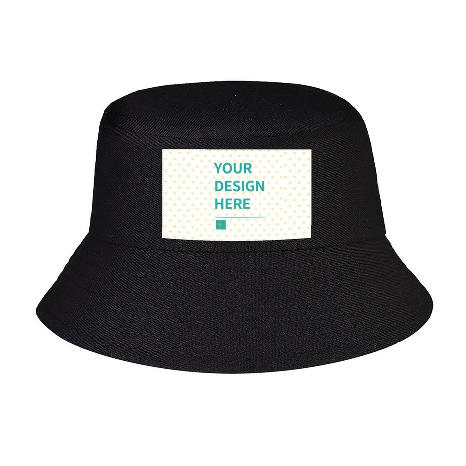 Custom black bucket hat for men and women with 'YOUR DESIGN HERE' text, perfect for fishing and travel