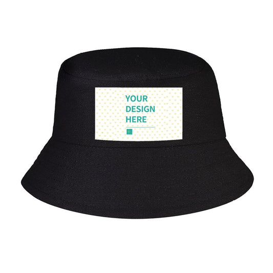 Custom black bucket hat for men and women with 'YOUR DESIGN HERE' text, perfect for fishing and travel
