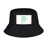 Custom black bucket hat for men and women with 'YOUR DESIGN HERE' text, perfect for fishing and travel