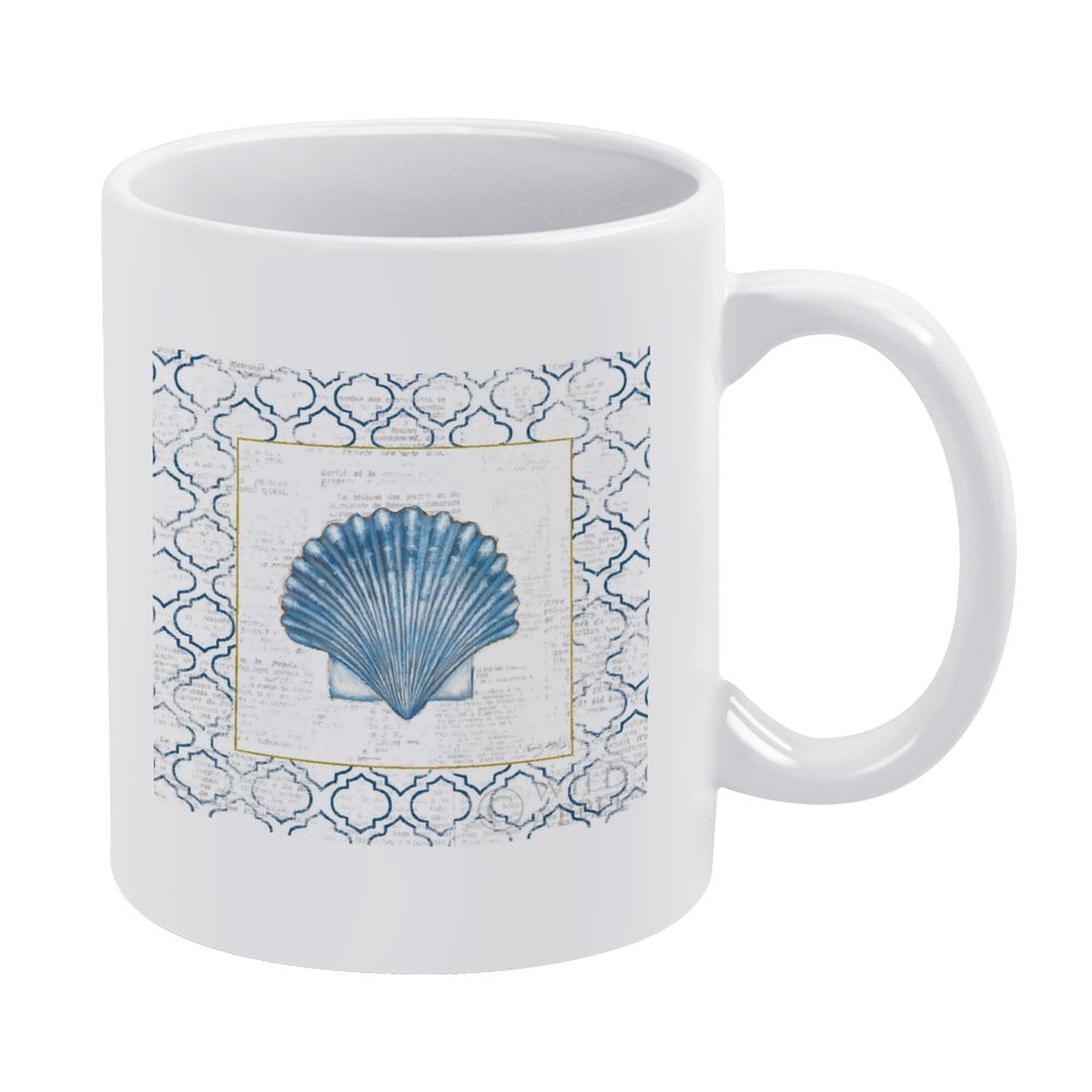 Customizable white ceramic coffee mug with blue seashell design for a personalized gift