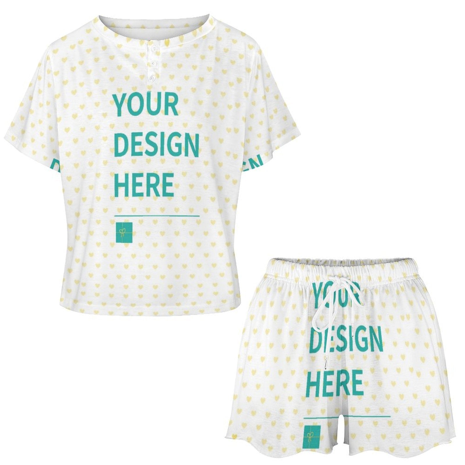 Customizable women's summer tracksuit: short sleeve top and shorts with 'YOUR DESIGN HERE' text and heart pattern.