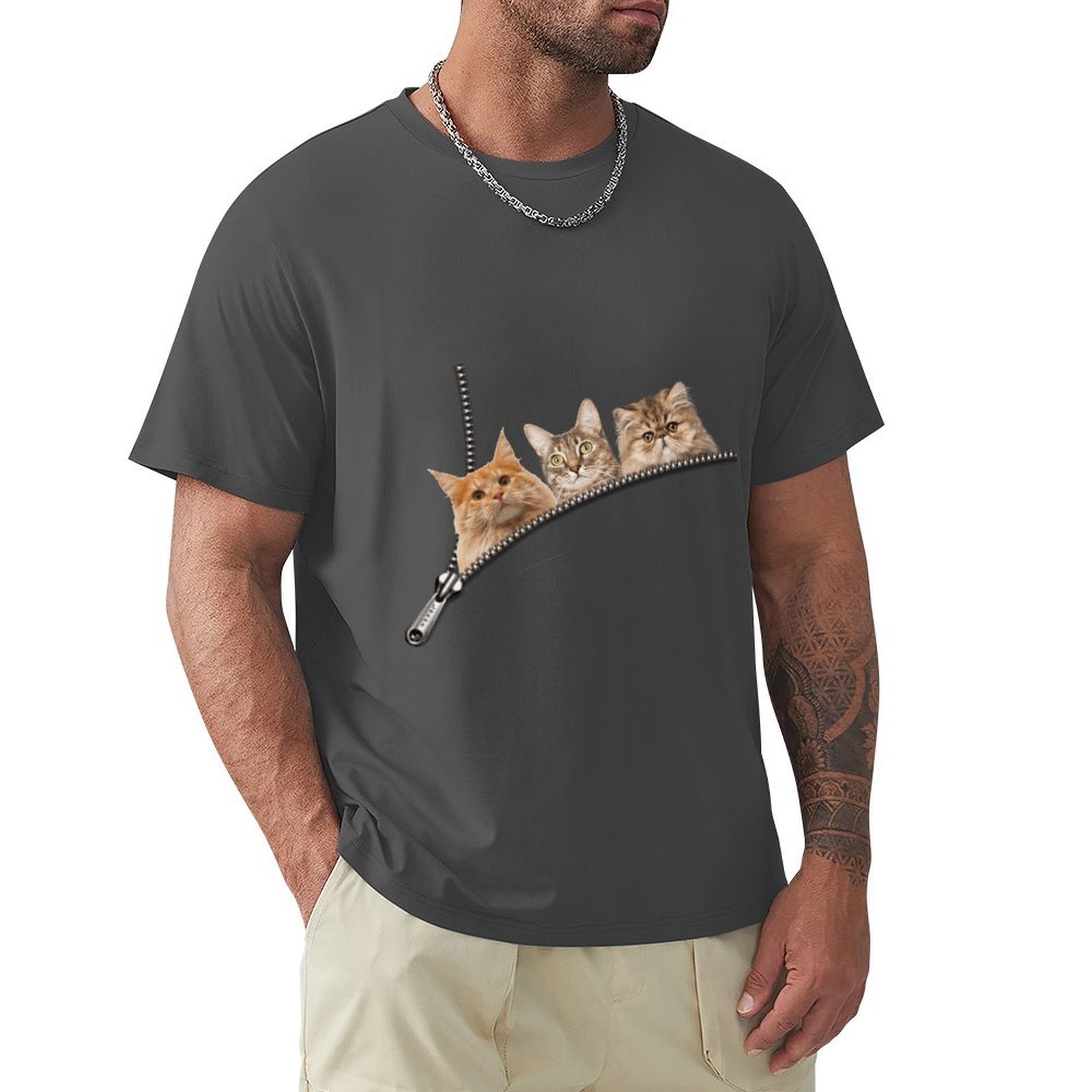 Men's dark gray crew neck t-shirt with cat zipper pocket design, cotton tee for cat lovers.