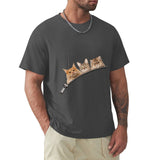Men's dark gray crew neck t-shirt with cat zipper pocket design, cotton tee for cat lovers.