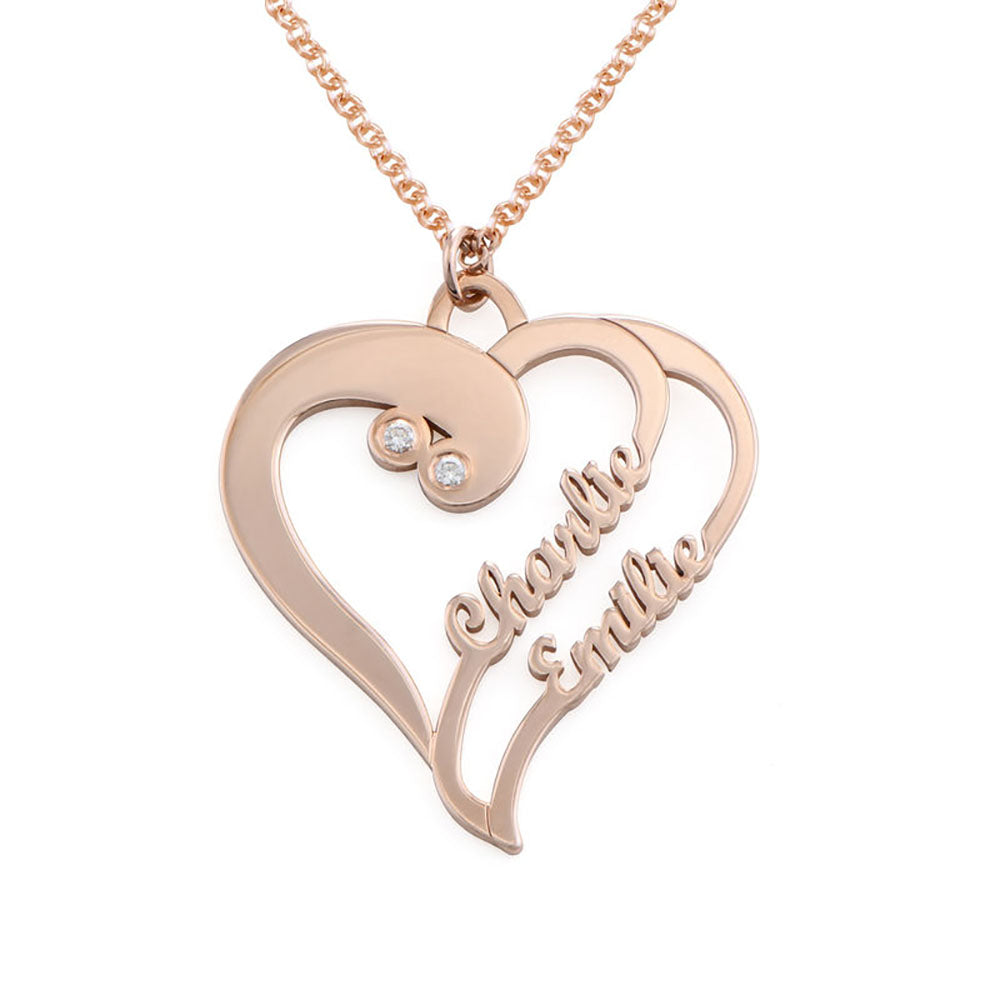 Rose gold personalized heart necklace with custom names Charlie & Emilie, a perfect gift for women