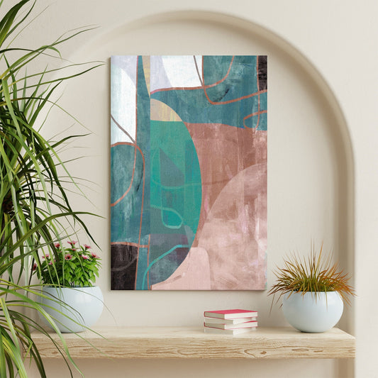 Blue abstract modern wall art canvas painting for living room decor. Geometric art with teal and brown colors.