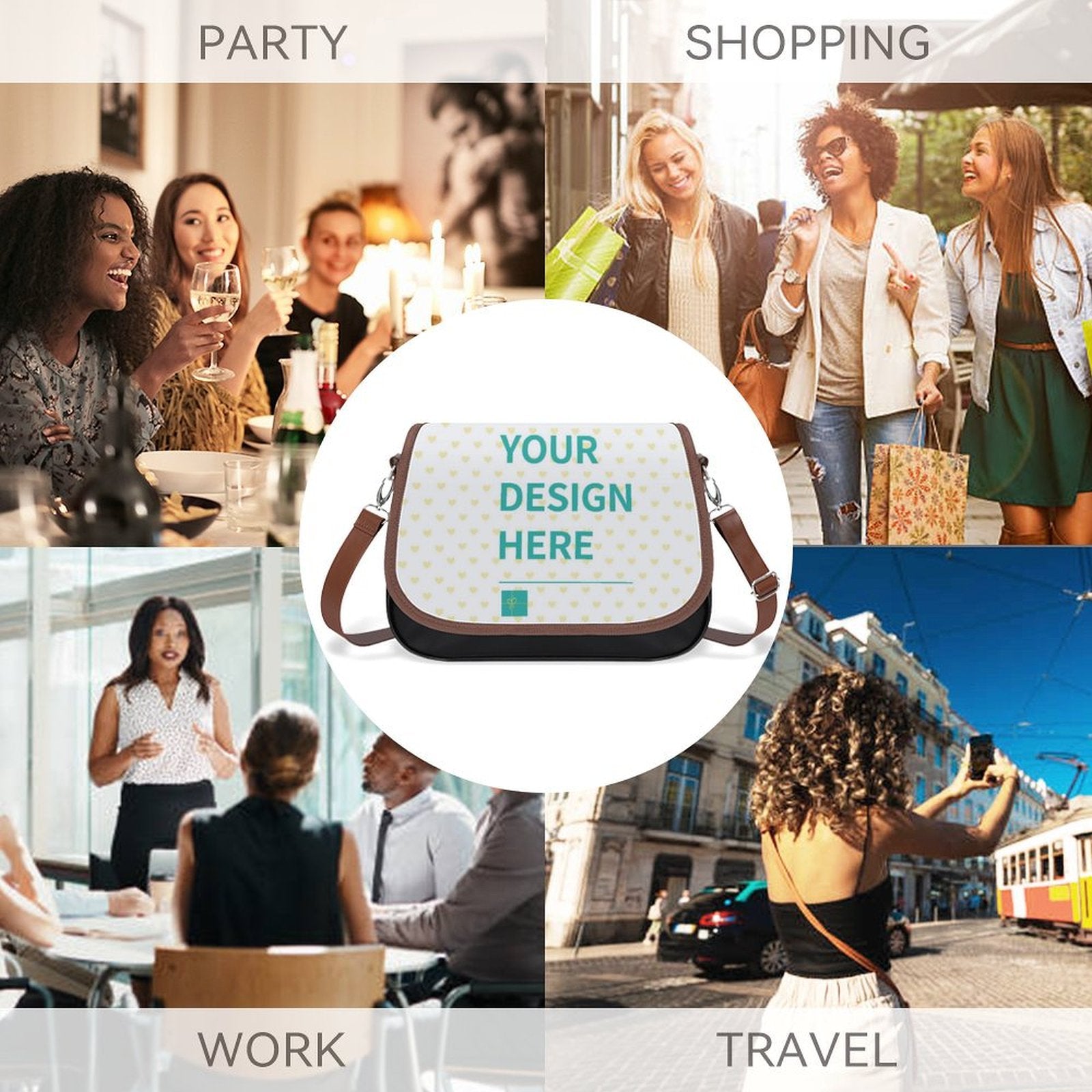 Customizable PU leather crossbody bag with 'YOUR DESIGN HERE' design, perfect for travel, work or daily use.