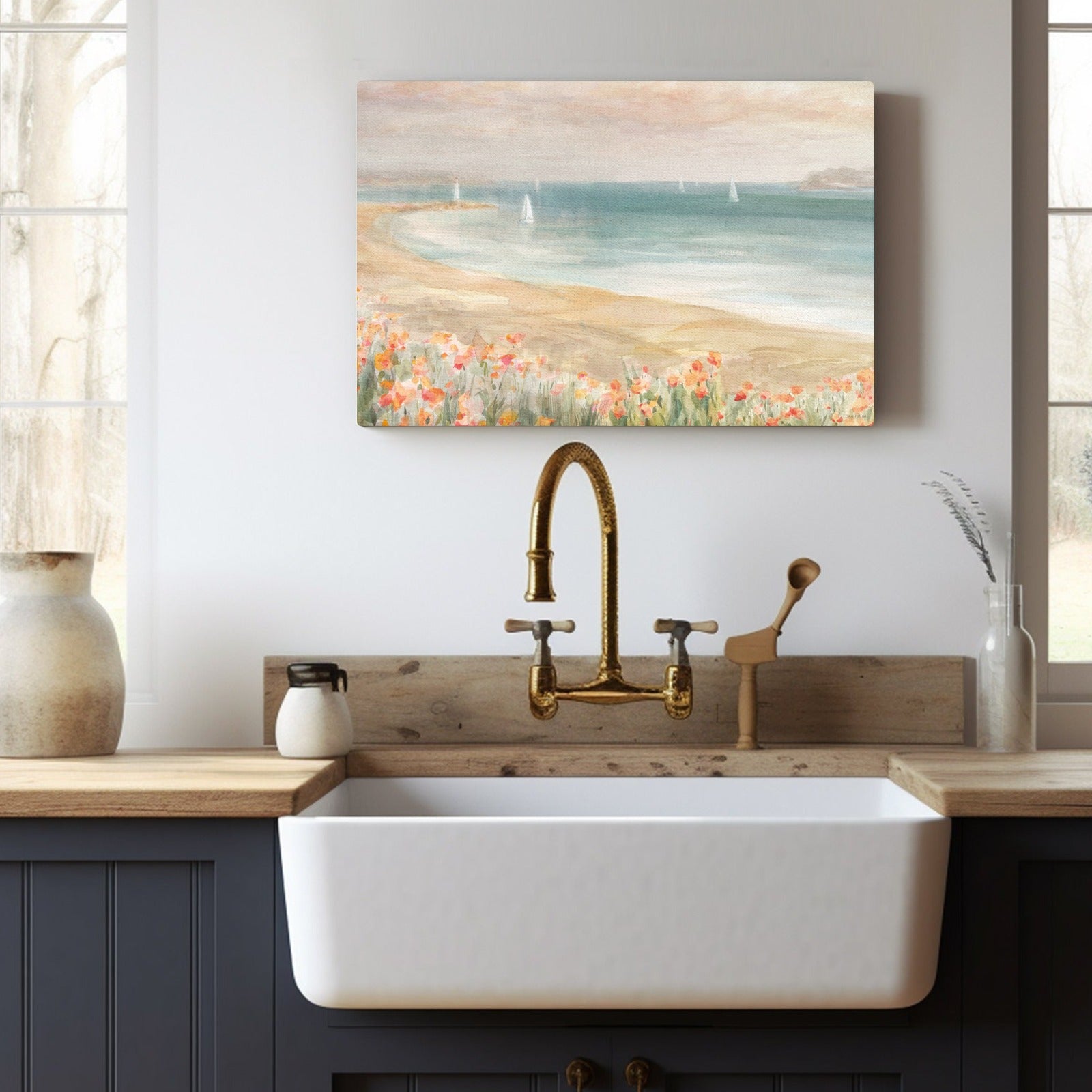 Around the Point III beach canvas art with flowers and sailboats. Made in USA wall decor.