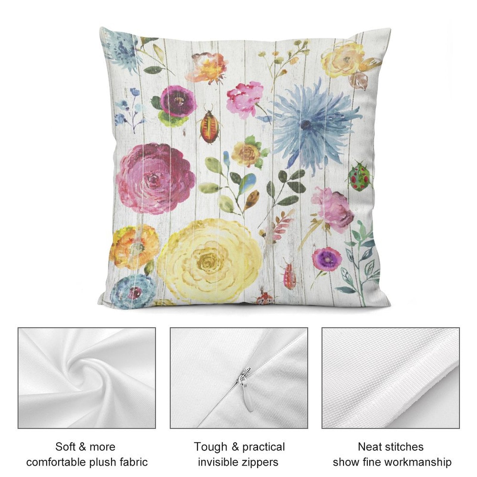 Watercolor floral plush pillow cover for sofa. Soft, durable, and decorative with invisible zipper detail.