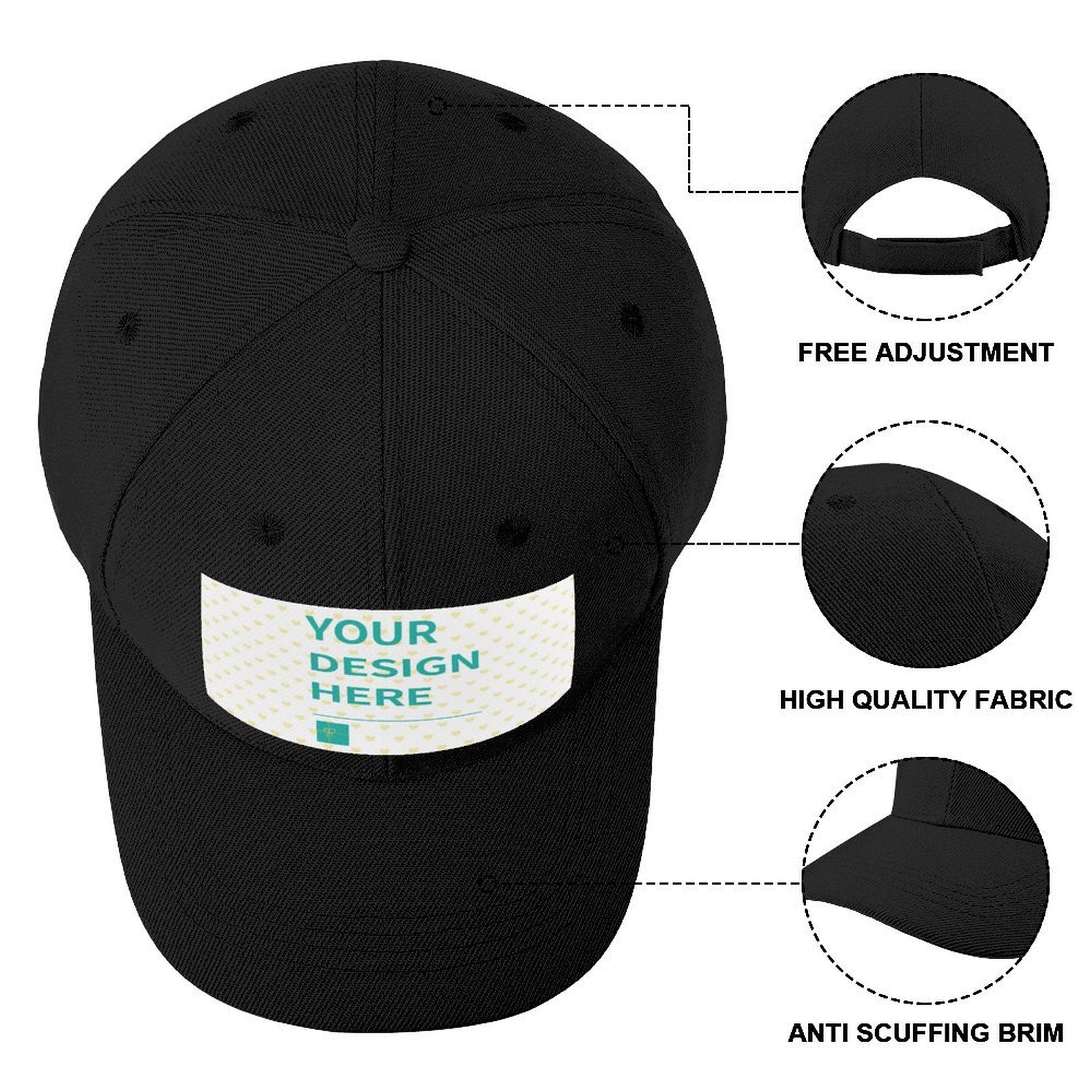 Custom black baseball cap, personalized design area, polyester, adjustable fit, high quality fabric and anti-scuff brim.
