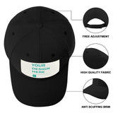 Custom black baseball cap, personalized design area, polyester, adjustable fit, high quality fabric and anti-scuff brim.
