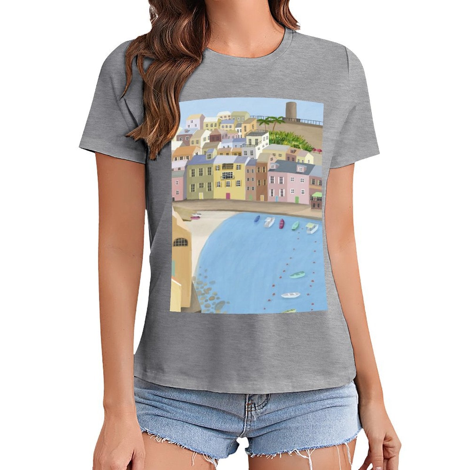 Women's gray t-shirt with coastal town graphic print, art lovers apparel from MyArtsyGift