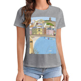 Women's gray t-shirt with coastal town graphic print, art lovers apparel from MyArtsyGift