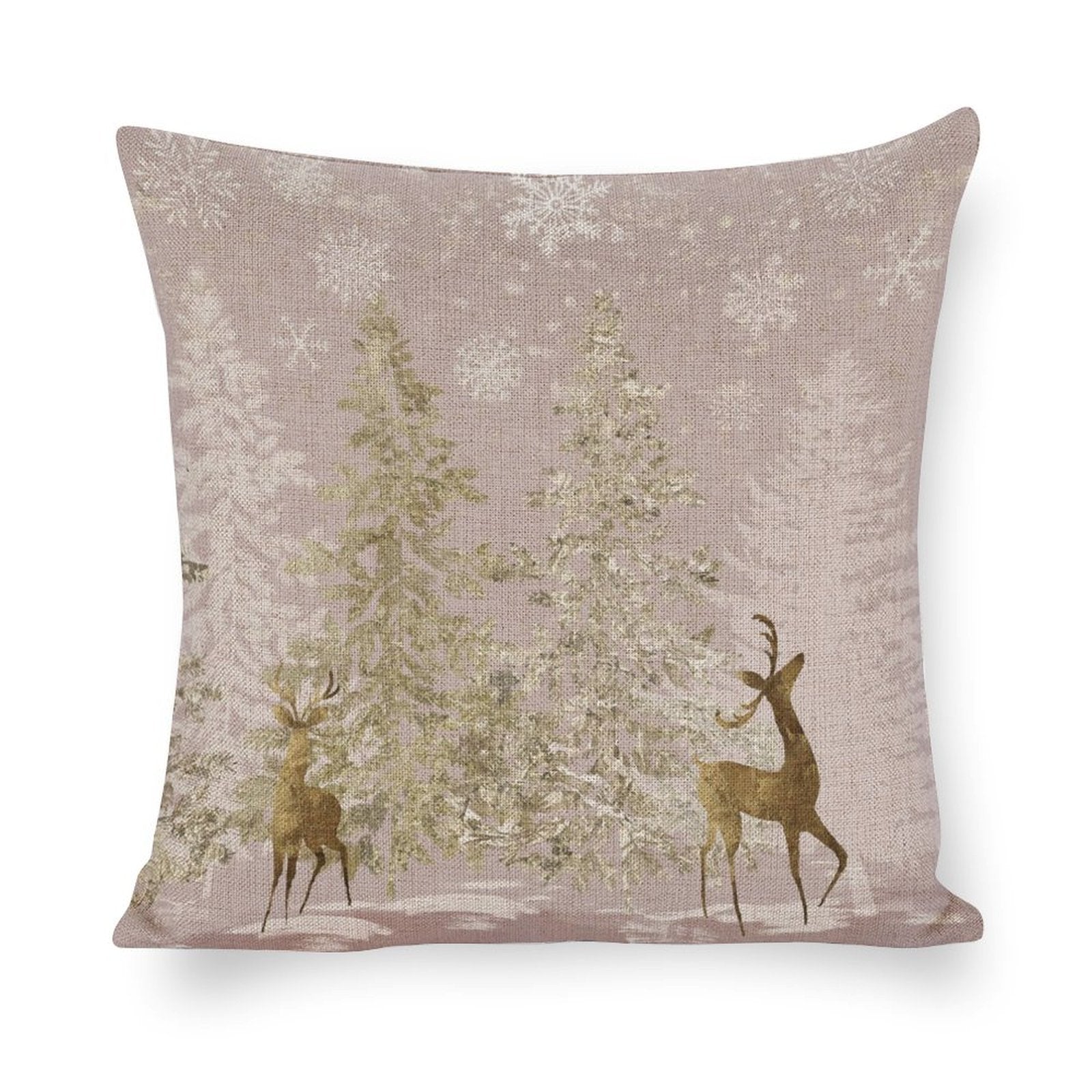 Cotton linen throw pillow case, Christmas design with gold trees, reindeer and snowflakes, bedroom decor