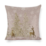 Cotton linen throw pillow case, Christmas design with gold trees, reindeer and snowflakes, bedroom decor