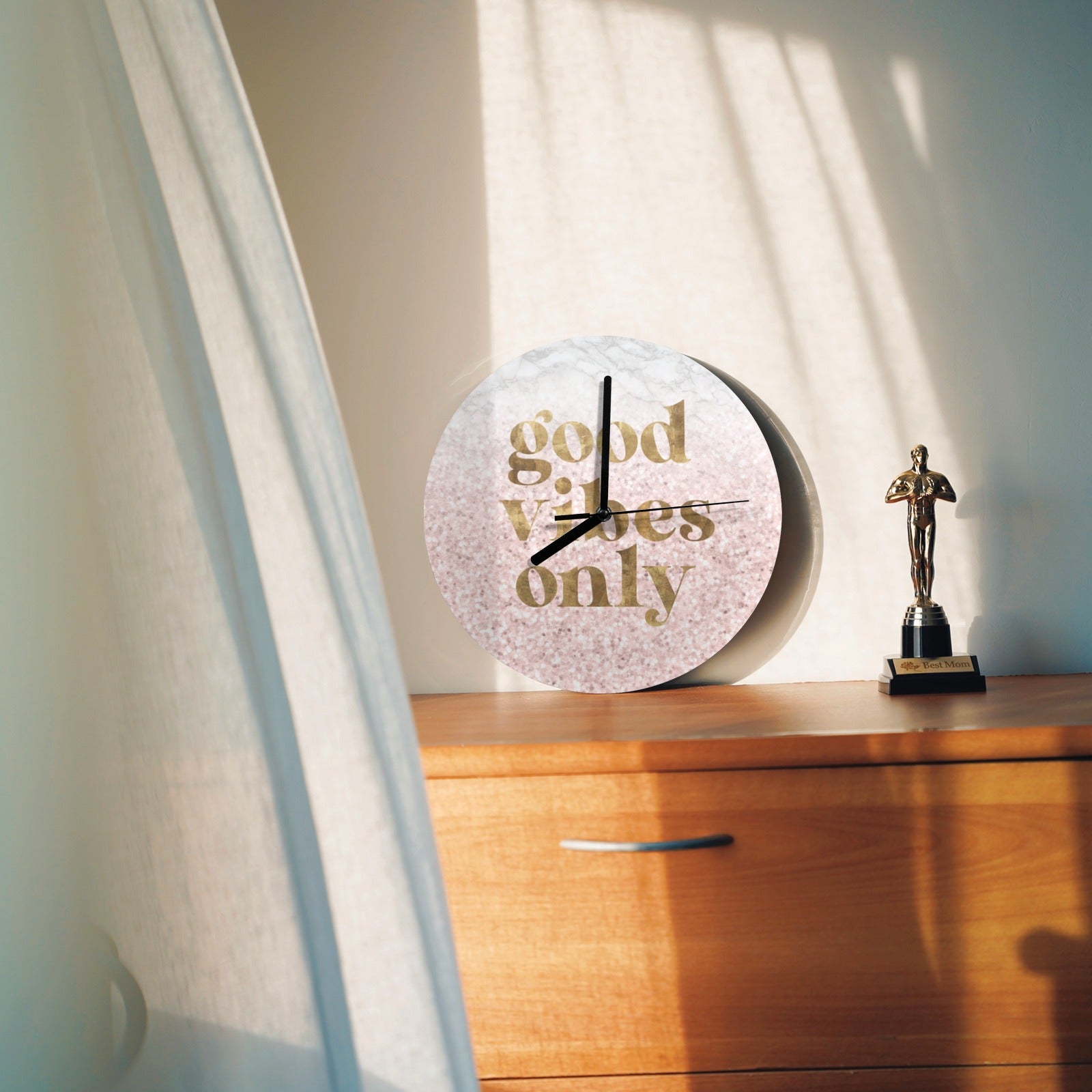 Modern pink MDF wall clock with good vibes only text for kitchen or office decor