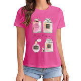 Pink MyArtsyGift women's t-shirt with Paris Perfum graphic print, short sleeve crewneck apparel.