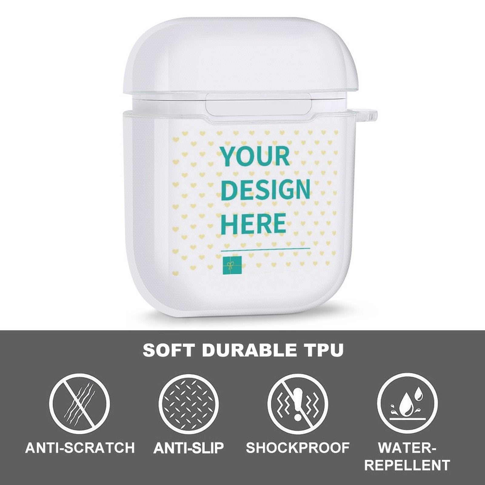 Customizable clear AirPods case, personalized, protective TPU case with "Your Design Here" text, for Apple AirPods.