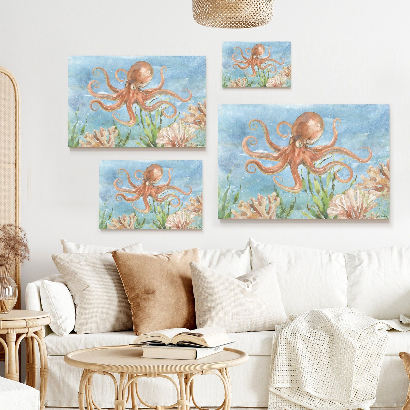 Under Sea Life IV Octopus and Coral Canvas Print set above white sofa. Watercolor art for living room decor.