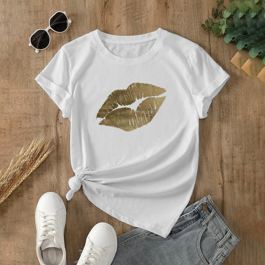 White cotton women's t-shirt with gold kiss print, paired with jeans and sneakers. Comfortable and stylish.
