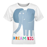 Kids' white t-shirt with blue elephant graphic and DREAM BIG text. Mesh fabric, perfect for summer wear.
