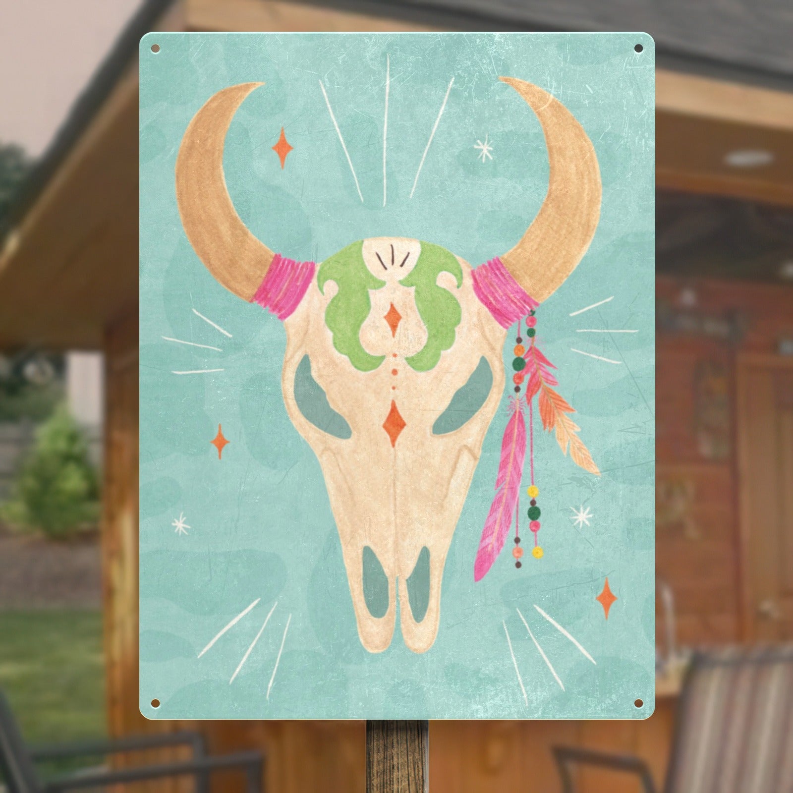 Cowgirl Club IV Tin Sign - Iron wall art with cow skull, feathers, and turquoise background. Home decor.