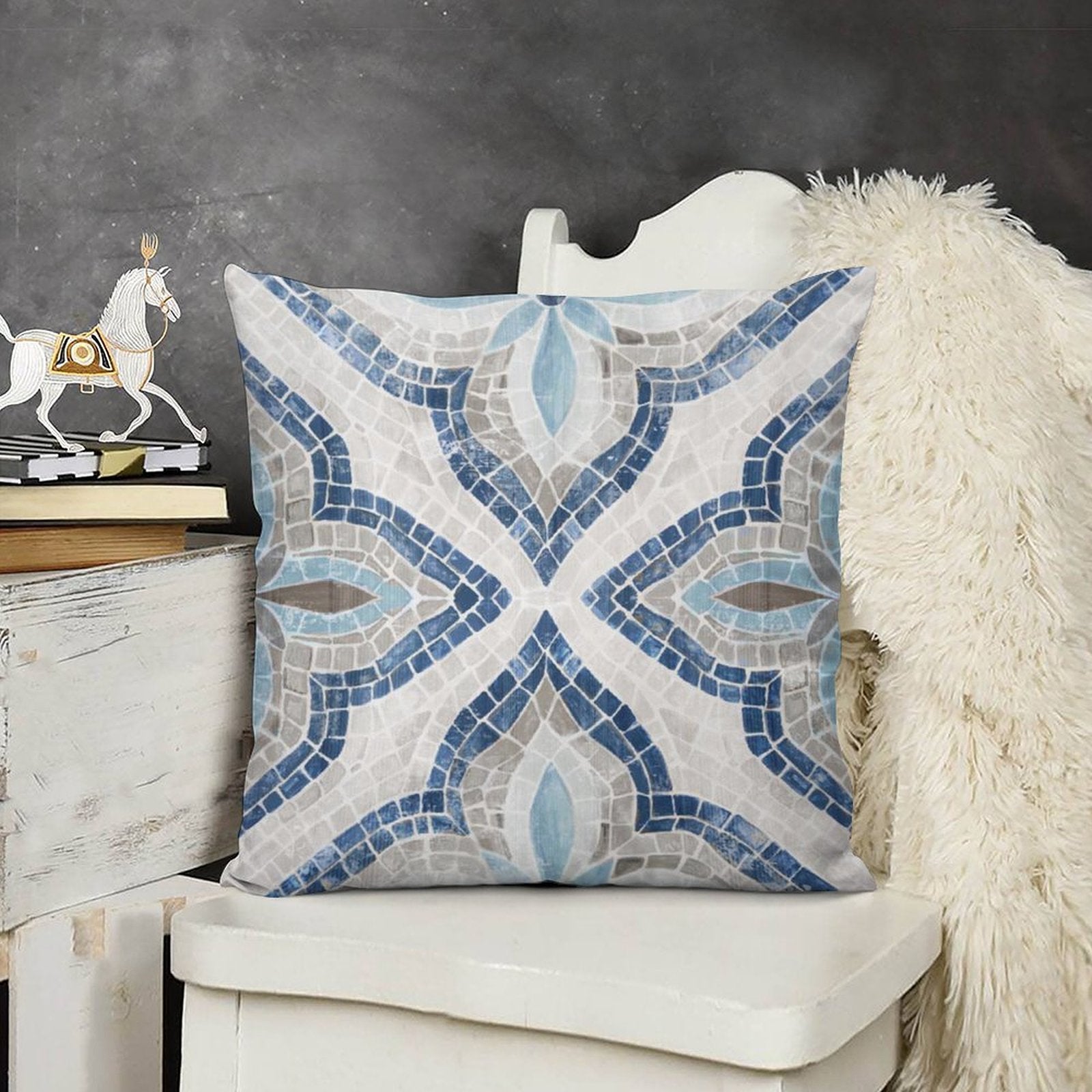 Blue and grey mosaic pillow cover for sofa or couch, soft, fluffy, decorative pillow