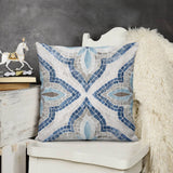 Luxury throw pillow cover with mosaic design, blue gray white, soft plush, sofa, couch, living room.