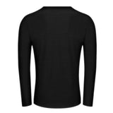 Back view of black long sleeve crew neck t-shirt for men, 100% cotton fabric