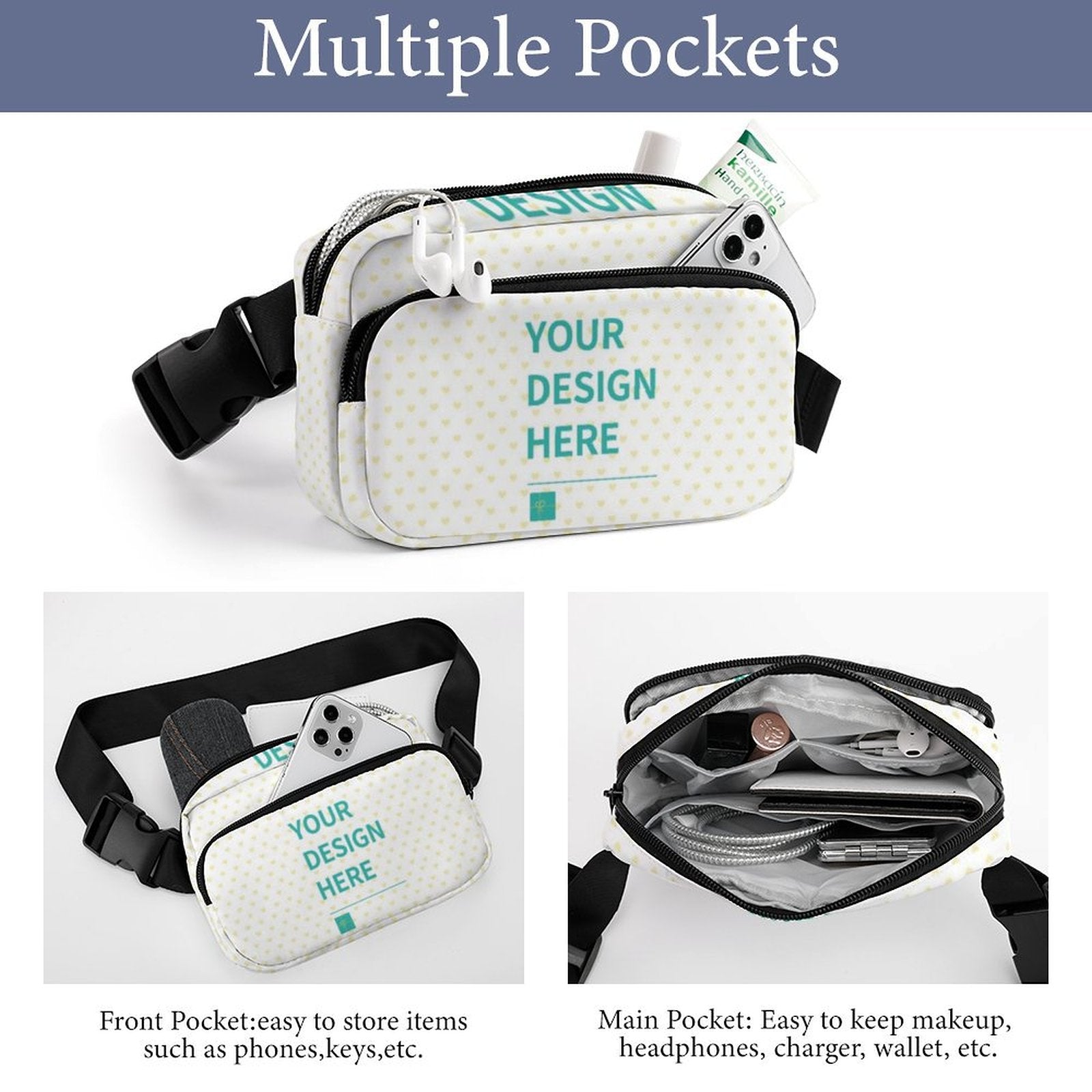 Customizable fanny pack with 'YOUR DESIGN HERE', multiple pockets, great for travel, running, and sports.