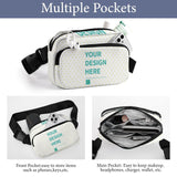 Customizable fanny pack with 'YOUR DESIGN HERE', multiple pockets, great for travel, running, and sports.