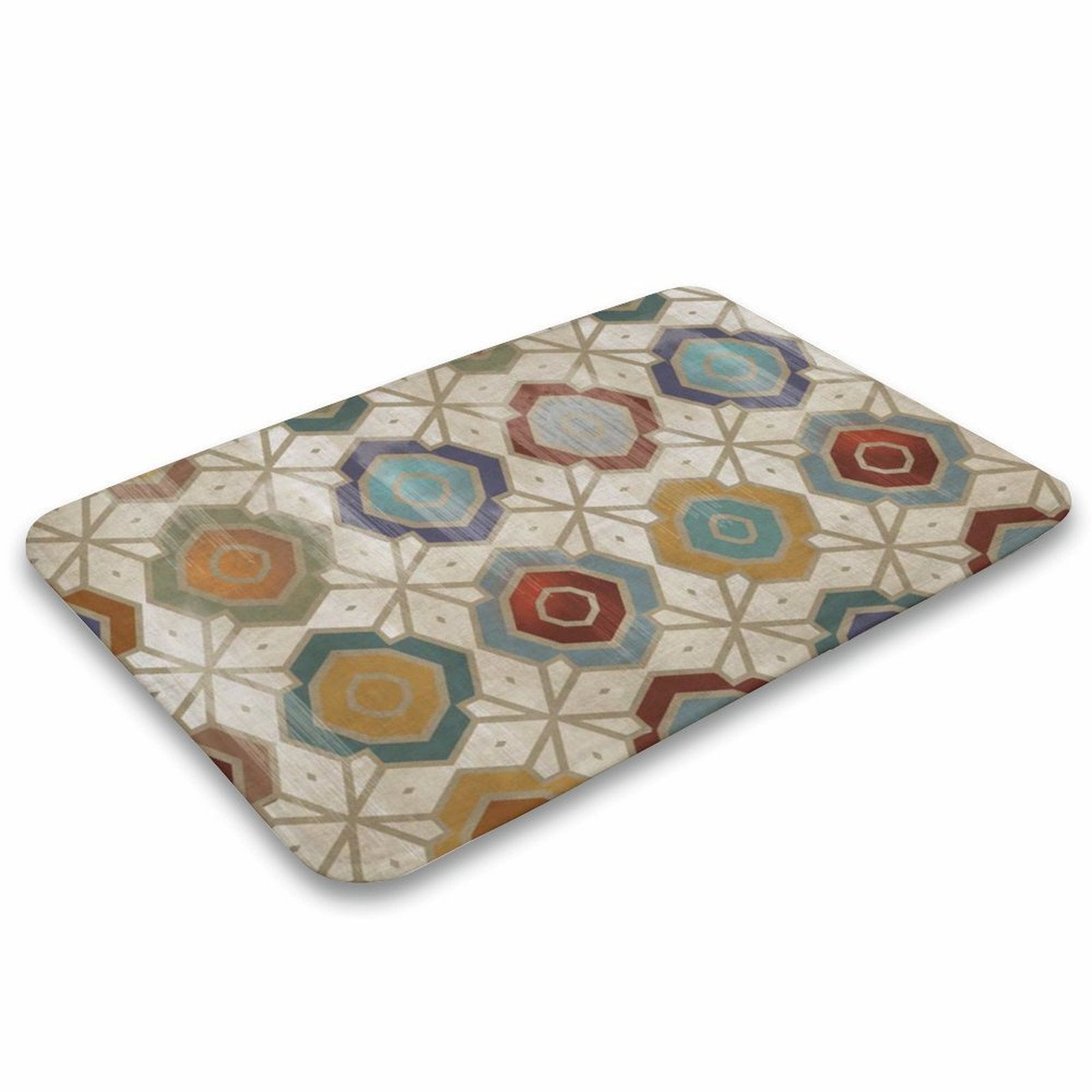 Coral velvet bath rug with colorful geometric pattern. Non-slip floor carpet for bathroom, kitchen, or bedroom.