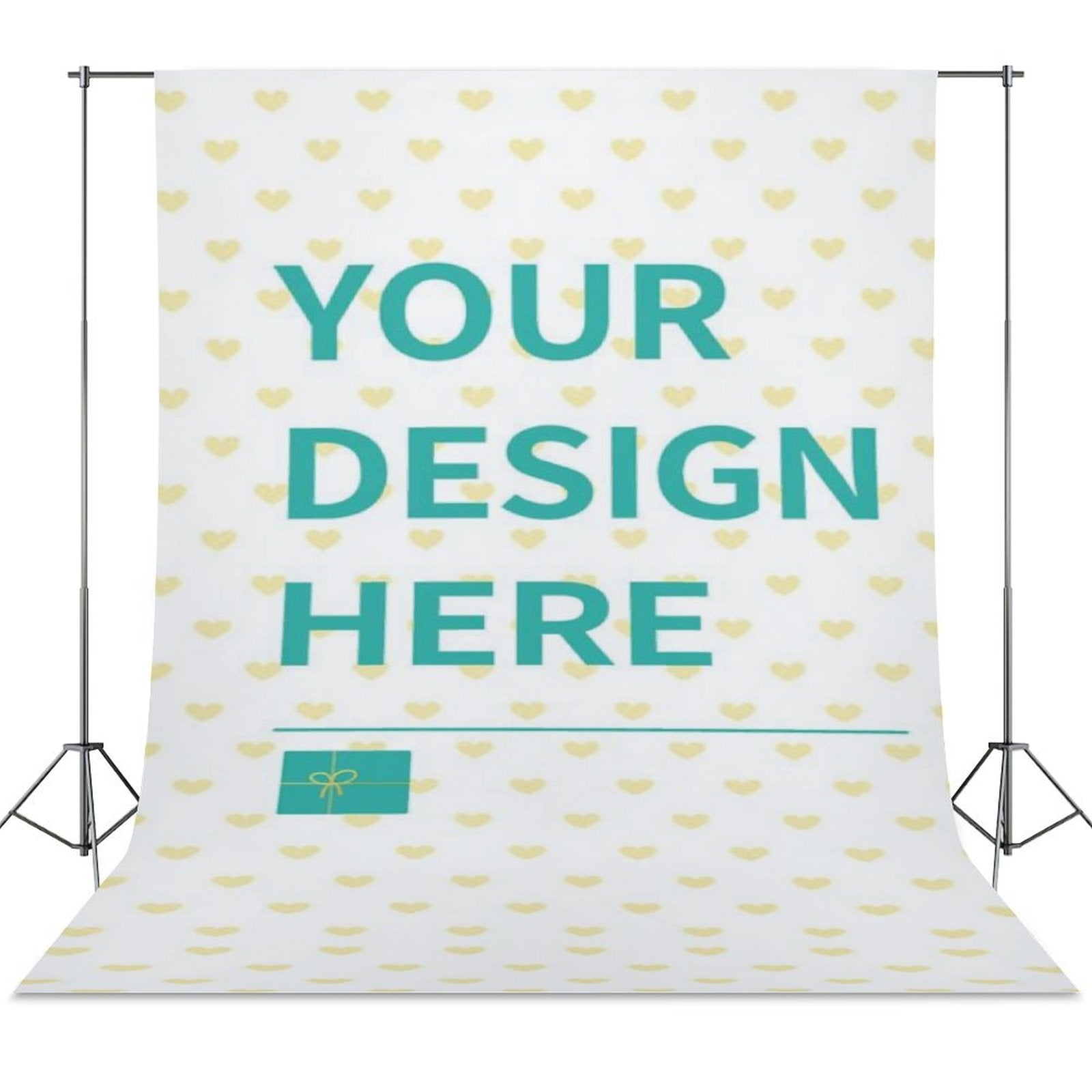 Customizable photography cloth, white with yellow hearts and 'YOUR DESIGN HERE' message, ideal for studio, video shoots