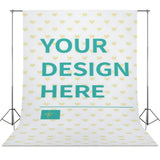 Customizable photography cloth, white with yellow hearts and 'YOUR DESIGN HERE' message, ideal for studio, video shoots