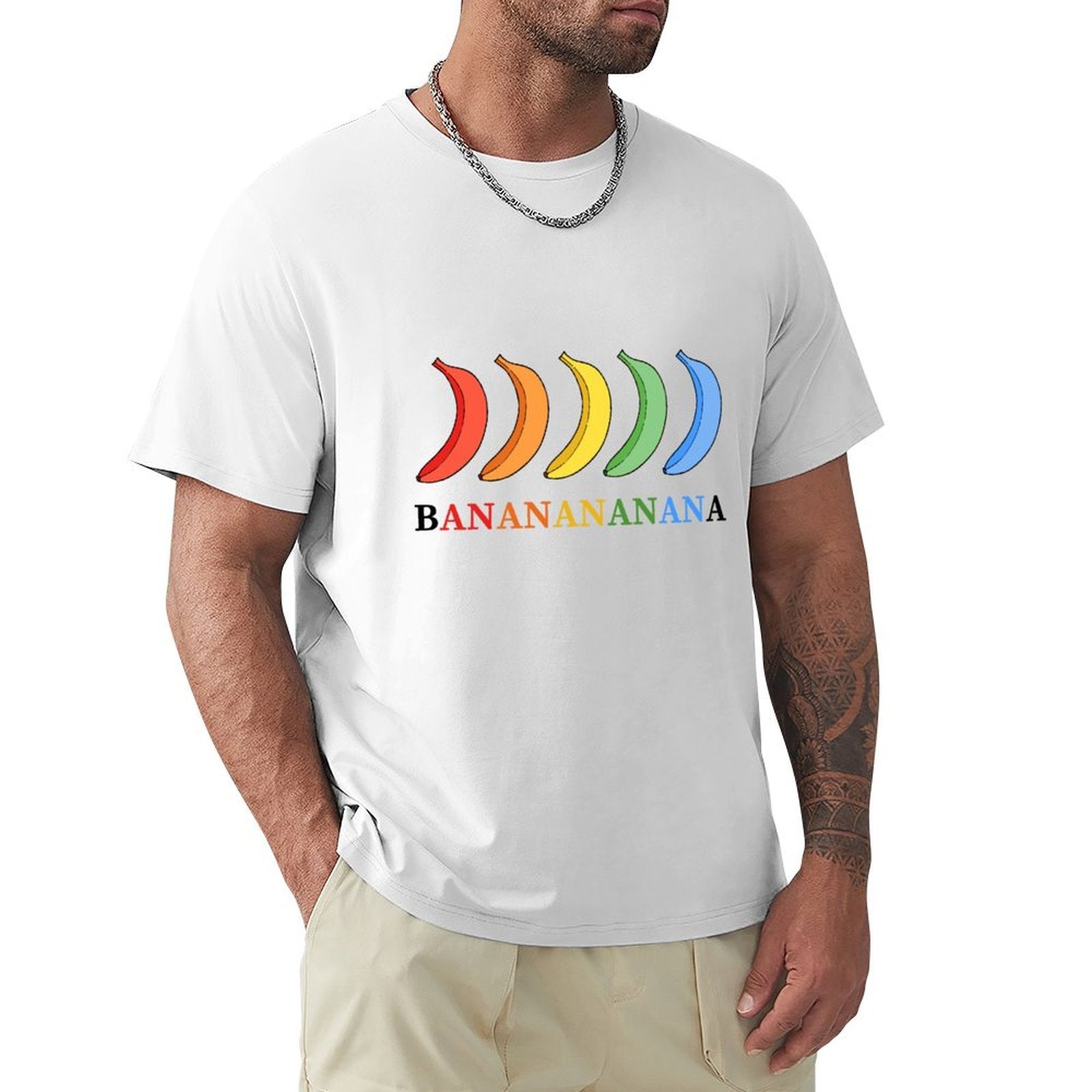 MyArtsyGift Men's T-Shirt - white tee with colorful banana graphic design, classic fit, cotton, perfect for leisure