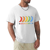 Men's white crew neck t-shirt with colorful banana design. Classic tee available at MyArtsyGift, sizes S-6XL.