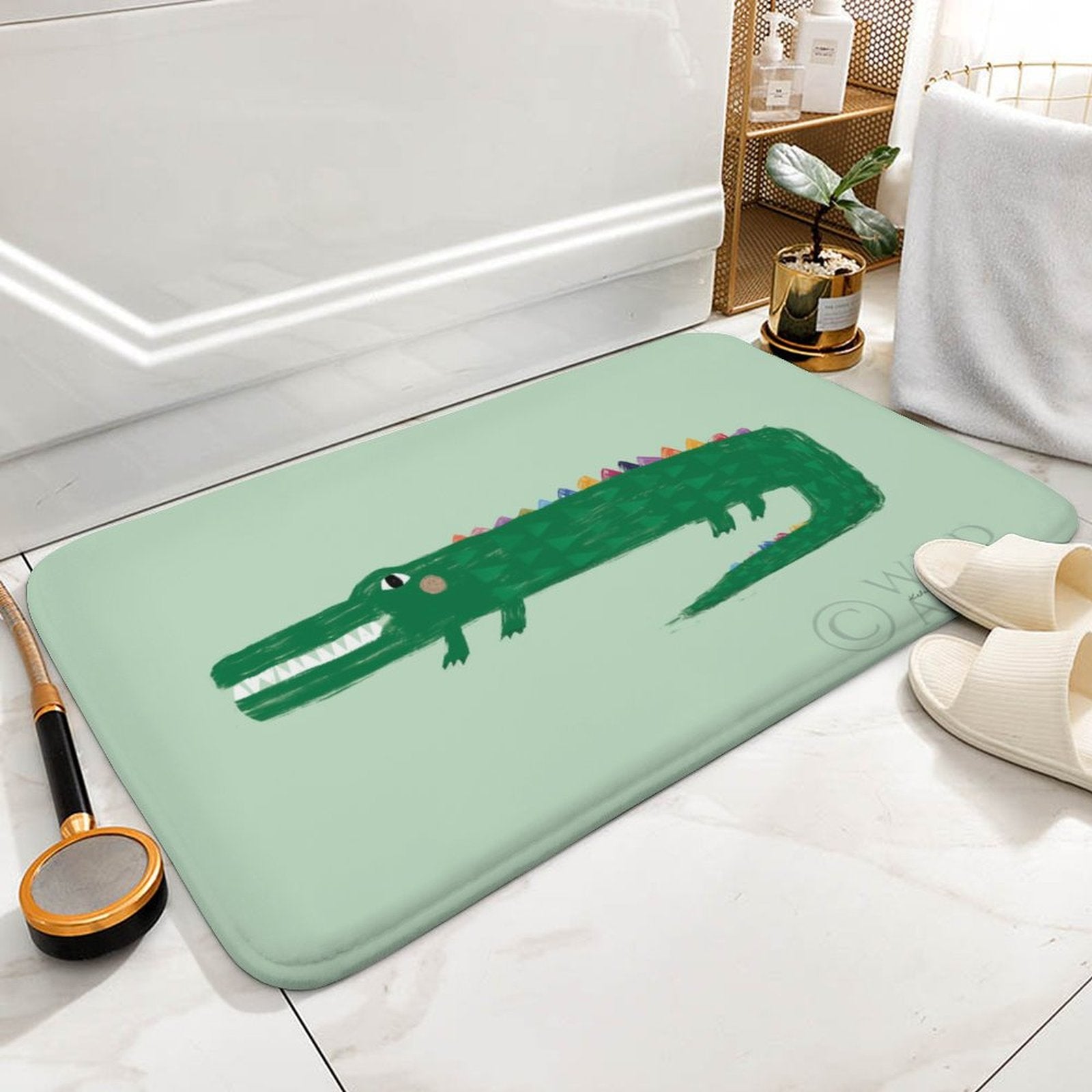 Green crocodile bath rug for bathroom, non-slip floor carpet for bathroom or kitchen, cartoon style