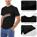 Black men's short sleeve t-shirt with cat pocket design, pure cotton fabric