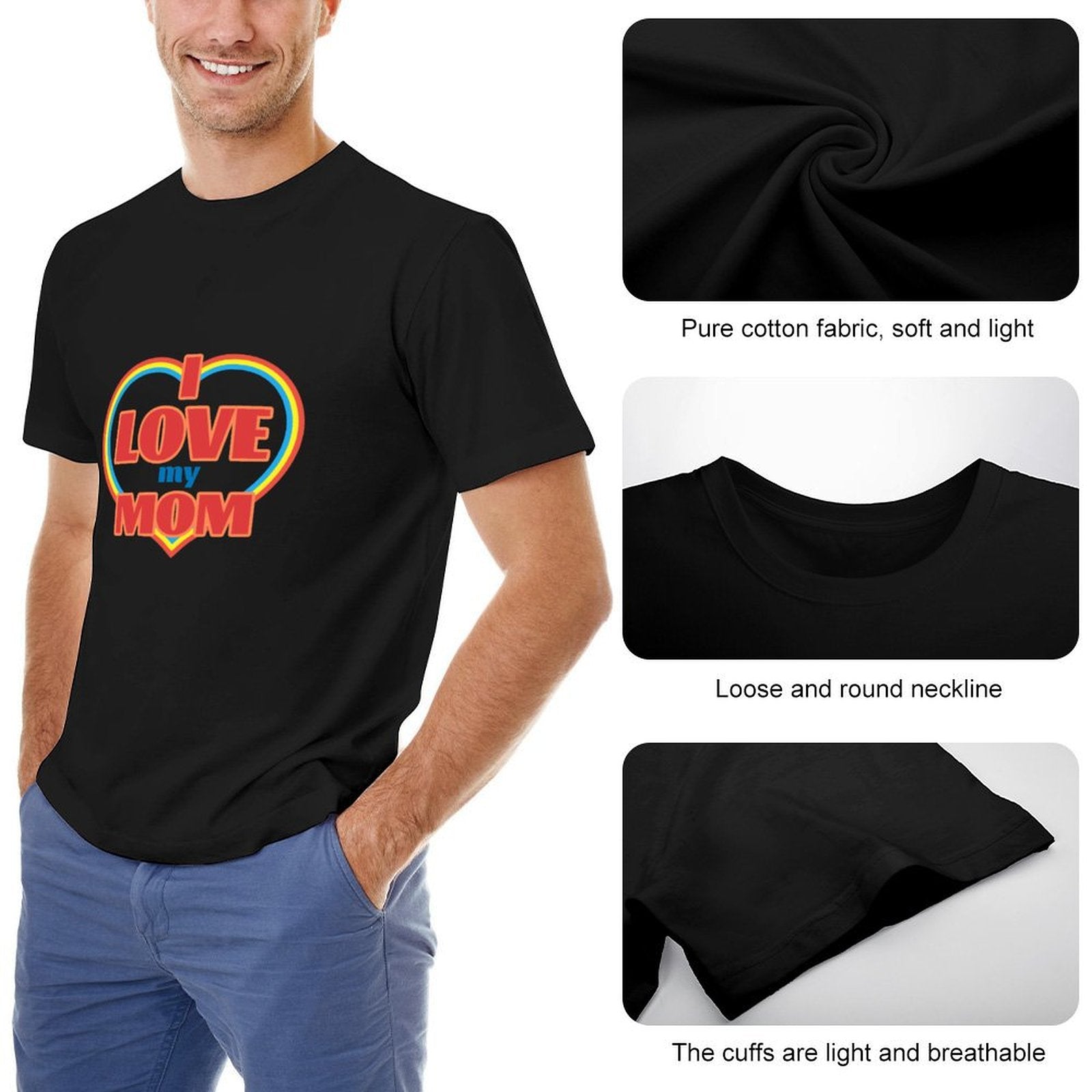 MyArtsyGift Black men's crew neck t-shirt with "I Love My Mom" design, comfortable cotton tee.