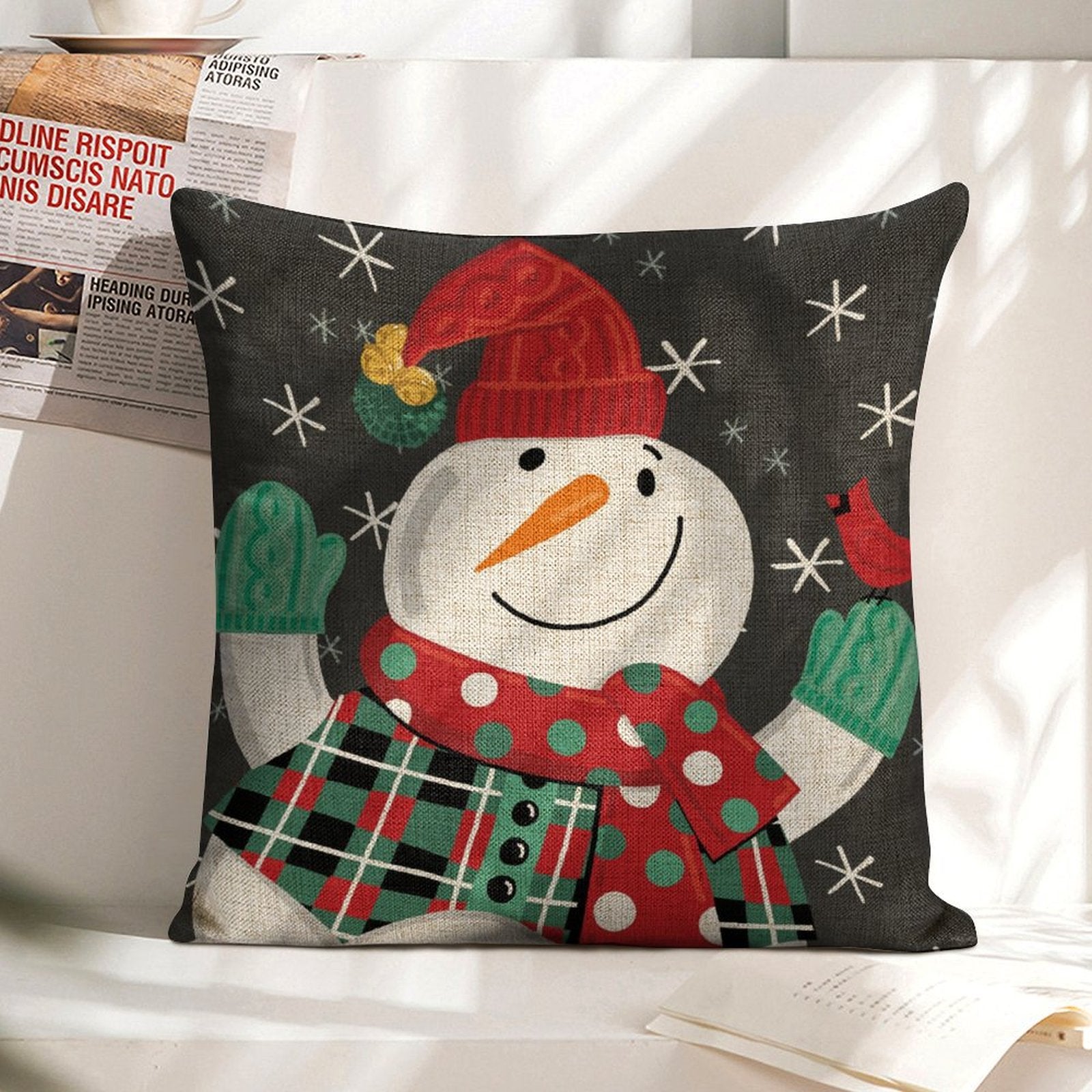 Christmas pillow cover with snowman design, linen material for sofa, couch, bed. Holiday home decor.