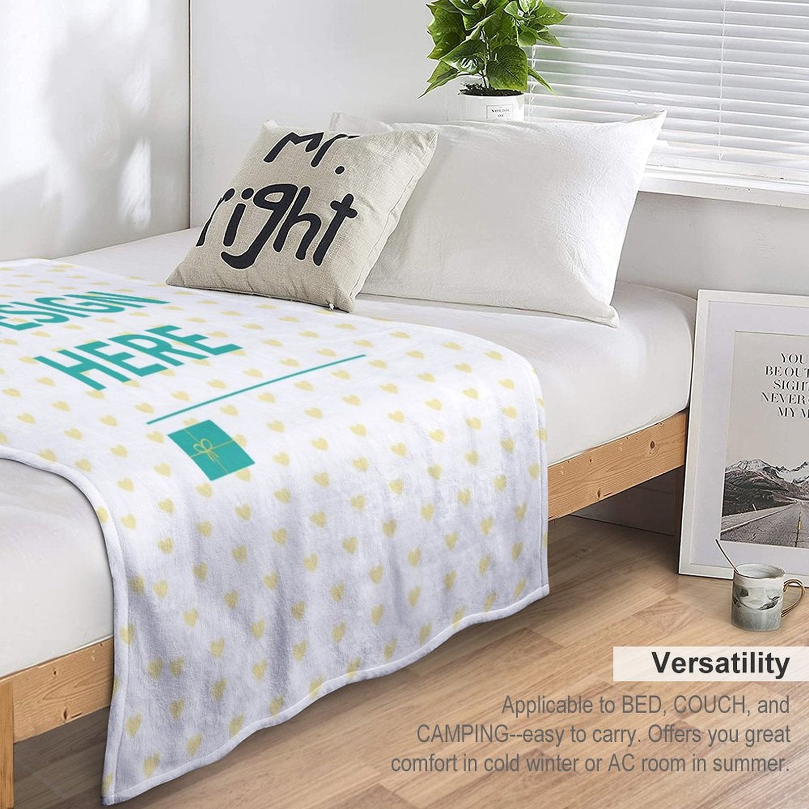 Customizable fleece blanket, heart pattern and 'YOUR DESIGN HERE' design. Cozy, warm blanket for bed, couch, camping.