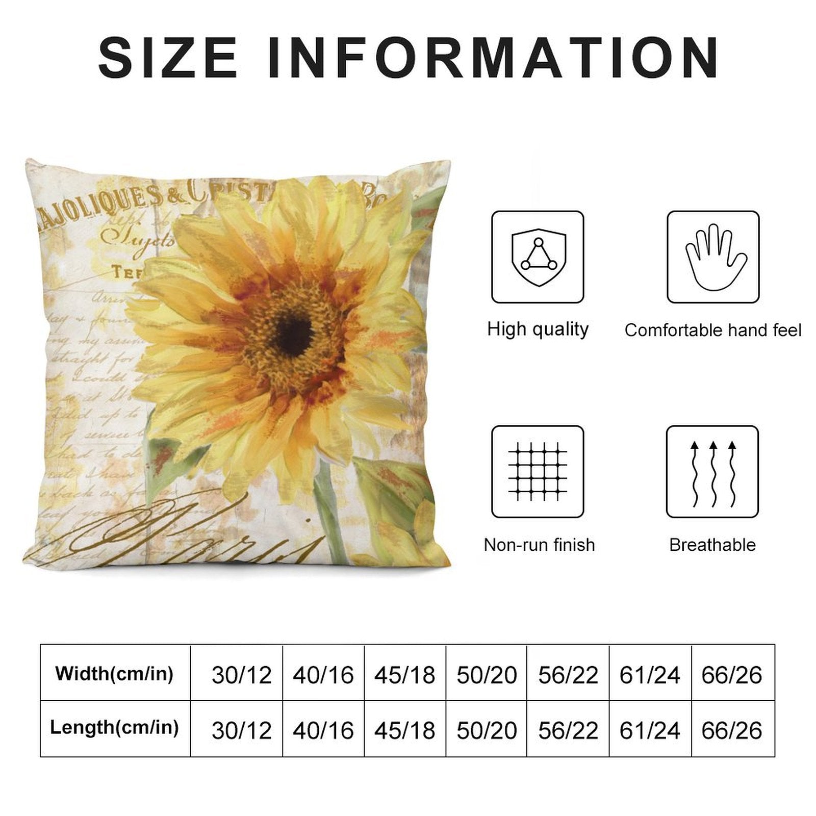 Sunflower pillow cover, soft plush, size chart, high quality, comfortable, non-run, and breathable for sofa and living room.