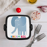 Kids' elephant design bento box with 'DREAM BIG' text, perfect for school or travel, double layer lunch container.