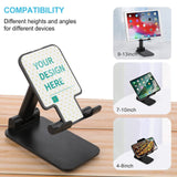 Customizable phone and tablet stand with 'YOUR DESIGN HERE', adjustable height and angle, supports different device sizes