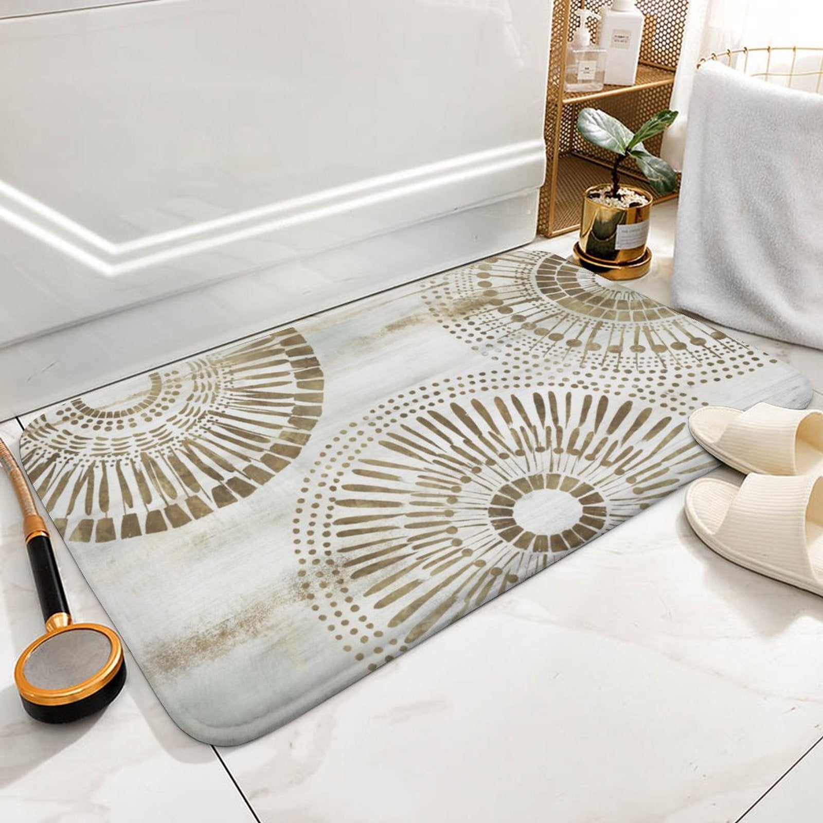 Coral velvet bath rug with sunburst design for bathroom, non-slip and absorbent, stylish floor carpet.