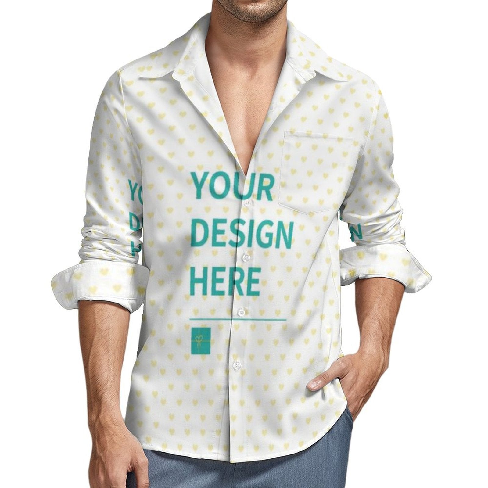 Custom long sleeve shirt for men, white with yellow hearts, featuring 'YOUR DESIGN HERE'. Ideal for personalized gifts.