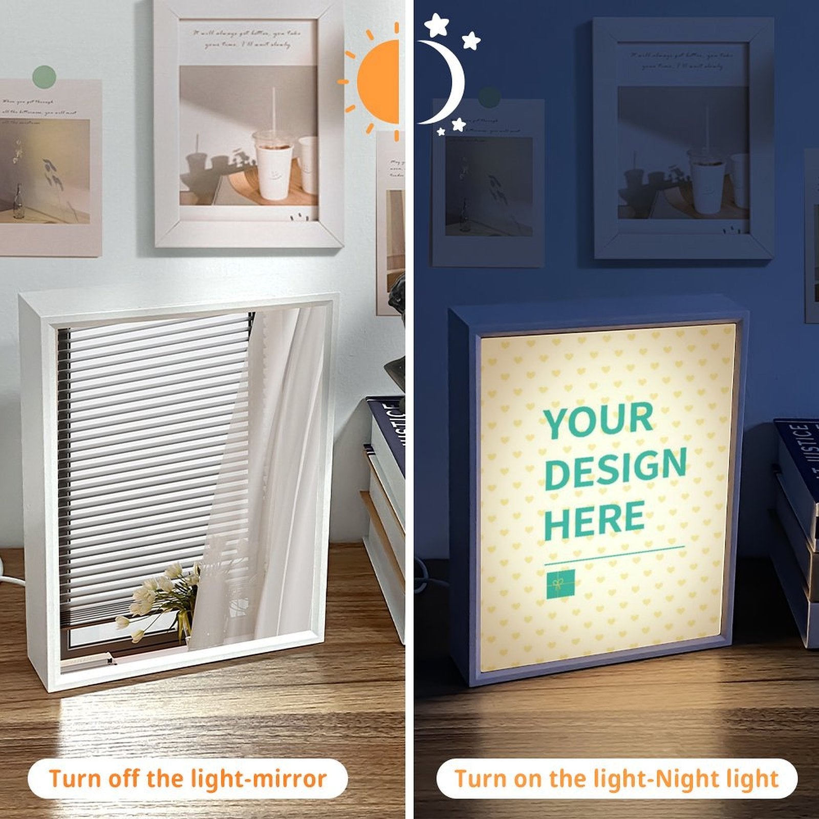 Personalized LED mirror with your design, acrylic material, for bedroom or bathroom decor. Customizable gift.