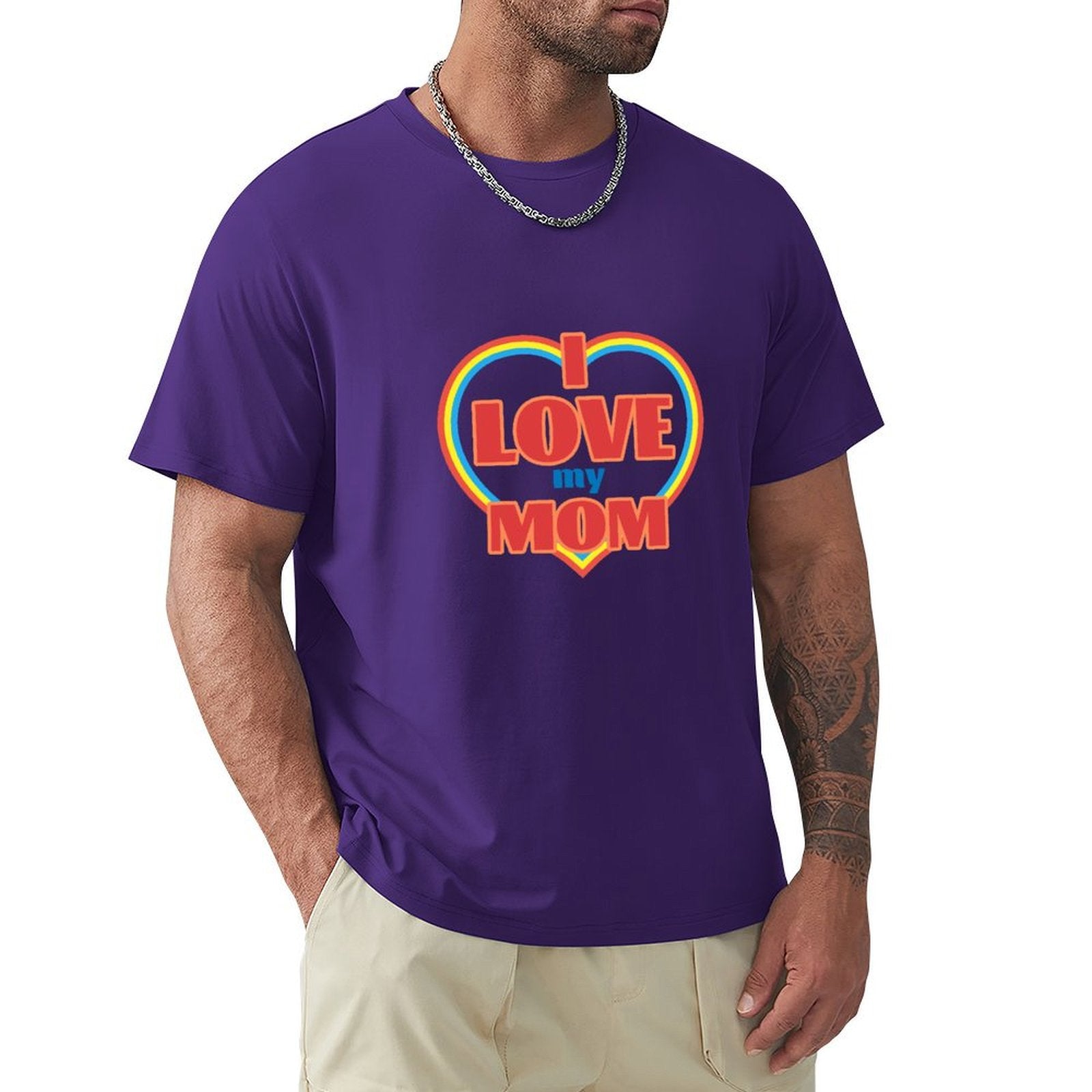 Purple men's crew neck t-shirt featuring 'I Love My Mom' design from MyArtsyGift. Classic cotton tee for a perfect gift.