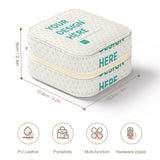 Customizable PU leather jewelry box for women, travel size, with "Your Design Here" text and zipper.